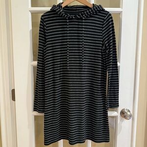 Lou & Grey Black White Striped Hooded Soft Knit Long Sleeve Sweater Dress MED